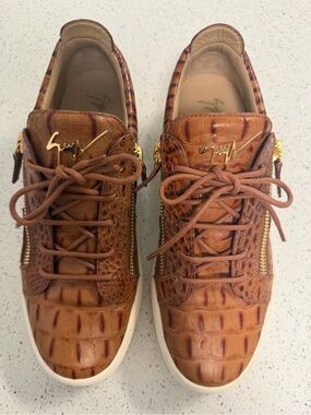Giuseppe Zanotti Men's Cognac Croc-Embossed
Leather Sneakers with Gold Hardware